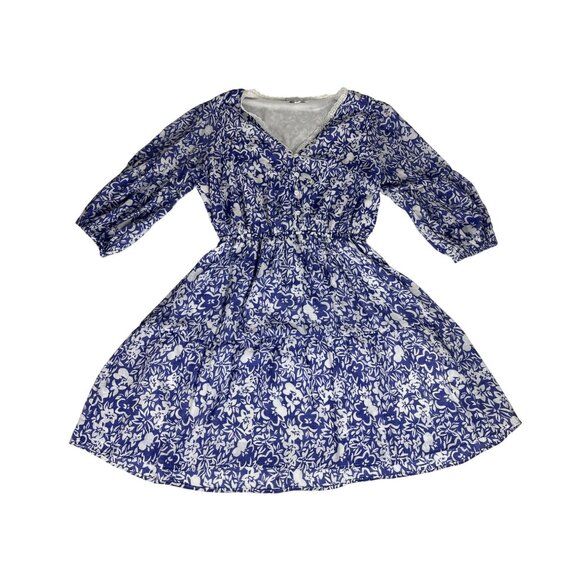 Marissa Olivia Floral Boho Dress Women L Blue White V-Neck Balloon Sleeve A-Line - Picture 1 of 6